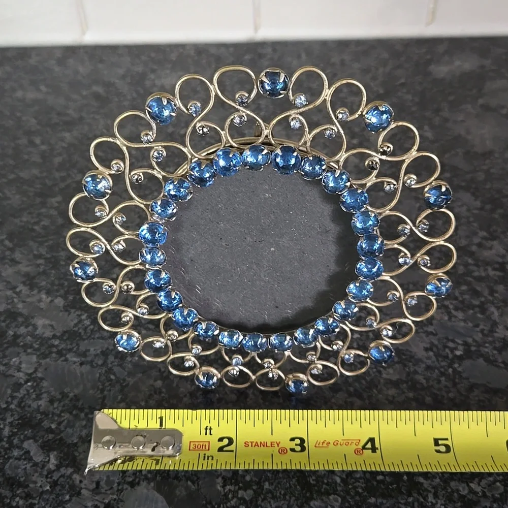 Gold Metal Round Frame Bedazzled with Blue Gem Stones